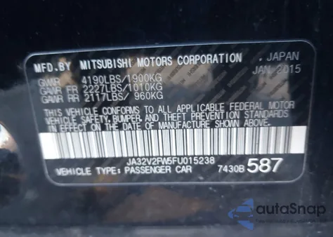 2015 Mitsubishi Lancer Se z USA, uszkodzony, nr VIN JA32V2FW5FU015238